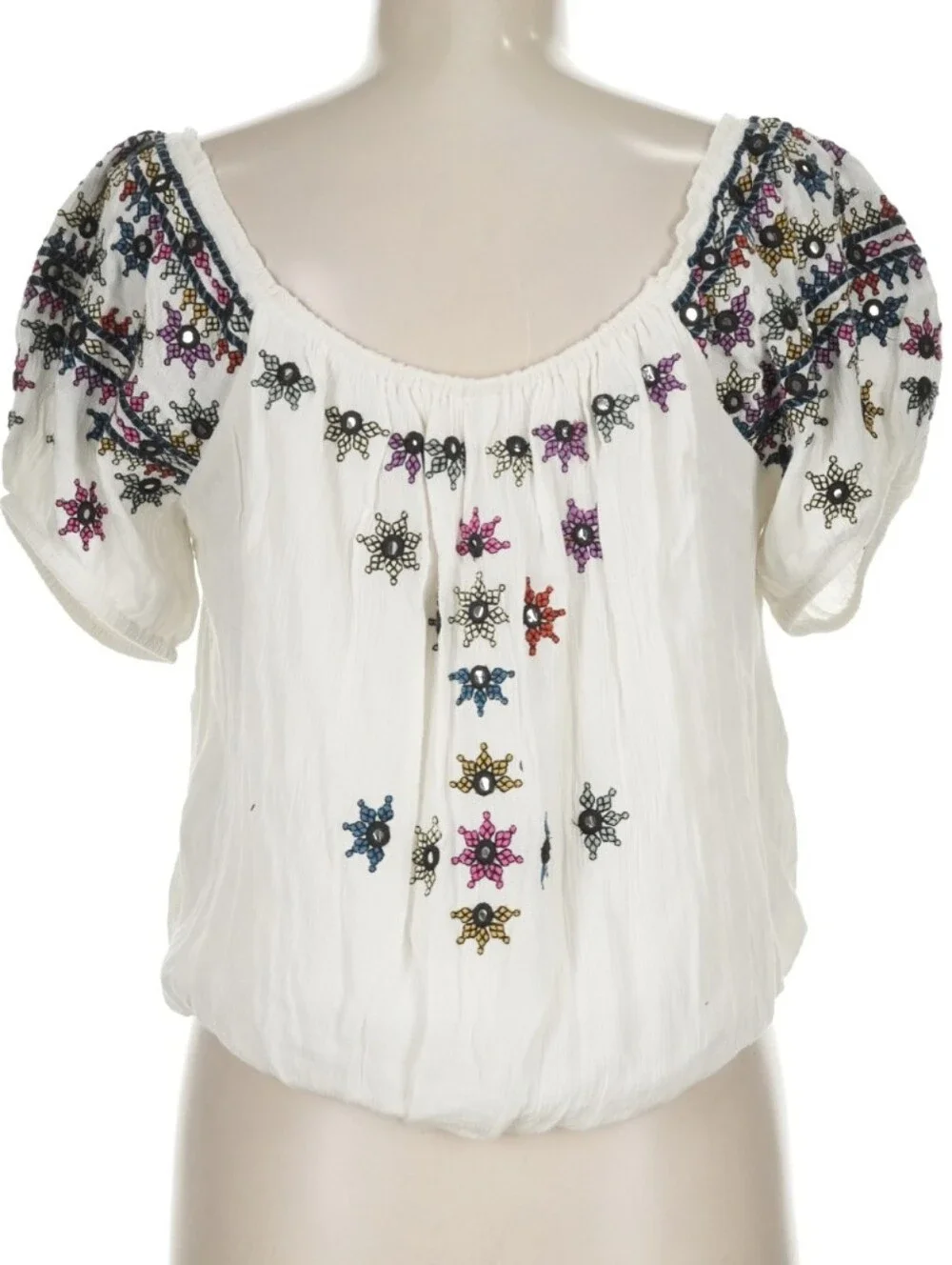 Free People Ivory Embroidered Boho Square-Neck Puff Sleeve Top